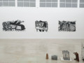 Khaled Jarada, Waiting Rituals 01-03, 2025, charcoal on paper & Xiangyu He, Untitled, 2025
